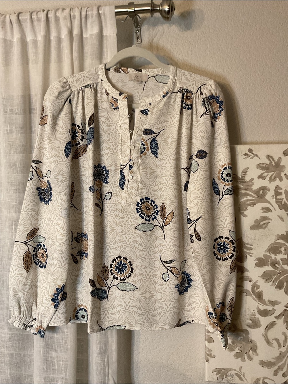 Loft Cream Floral Henley Blouse with Blue and Brown Accents